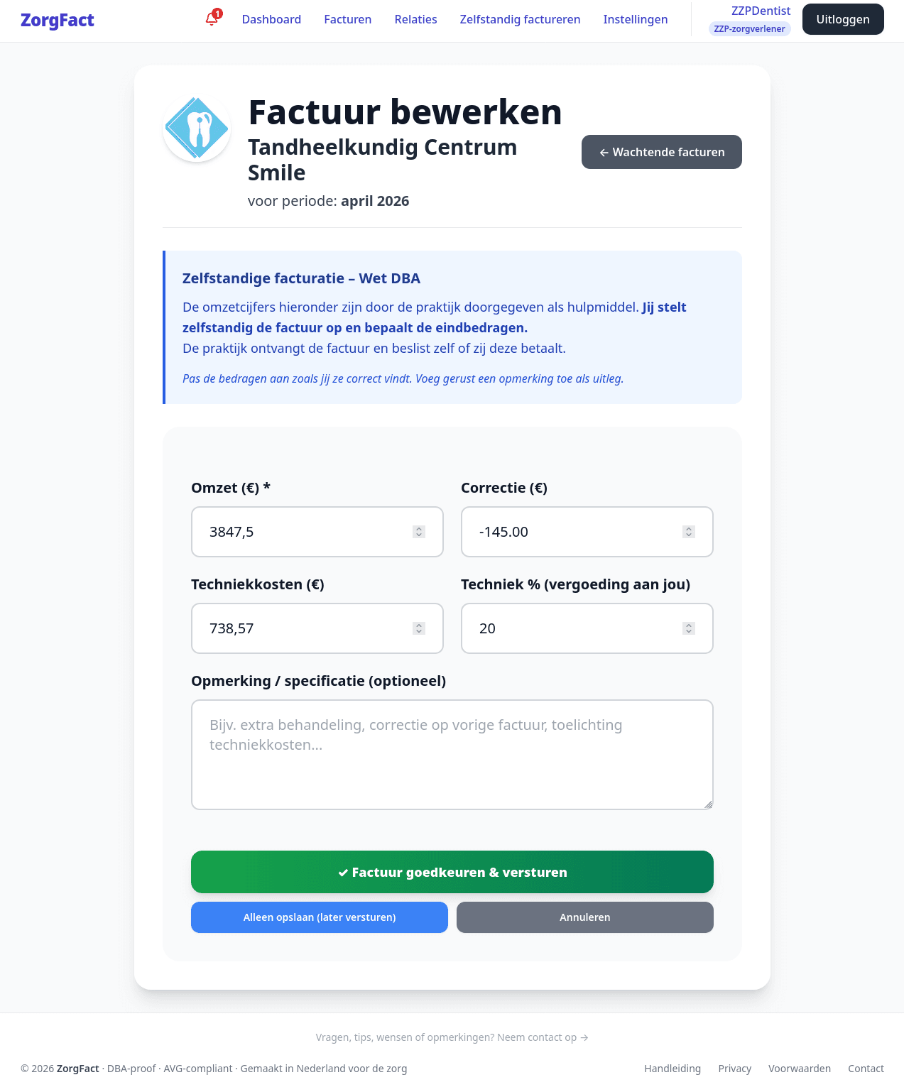 ZZP'er keurt factuur goed